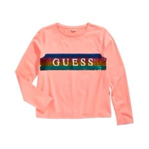 Guess Pink Flip Sequin Long Sleeve Logo Tee Girls Size 10 NWOT